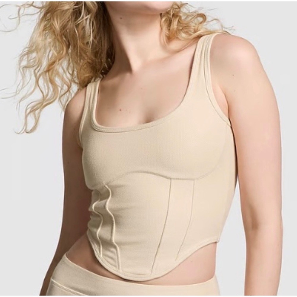 Victoria's Secret PINK Cinched Pique Corset Top Beige Scoop Neck Large NEW